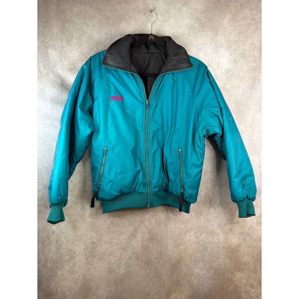 VTG 90s Columbia Bomber Jacket Women Medium Teal Reversible Radial Sleeve Zip